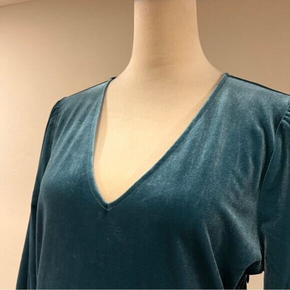 Lands' End Velvet and Satin Midi Dress in evening teal color with plated skirt - Picture 2 of 13